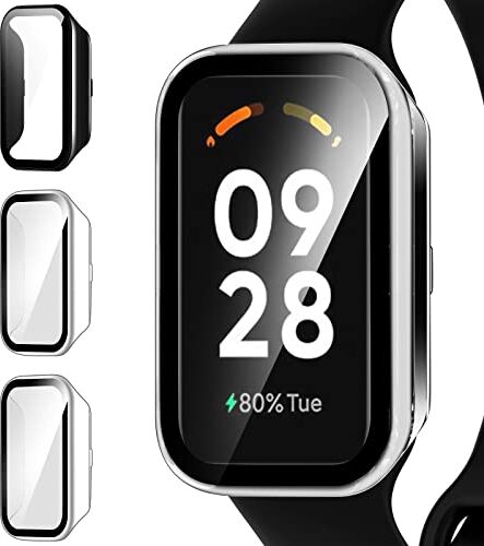 iVoler 3 Pezzi Cover con Vetro Temperato per Xiaomi Smart Band 8 Active/Redmi Smart Band 2 / Amazfit Band 7, Custodia Rigida PC, Pellicola Protettiva Anti-Graffio Case, 2 Trasparente + 1 Nero