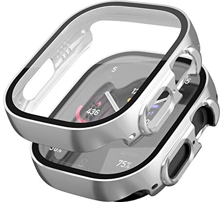 HANKN 2 Pezzi Apple Watch Ultra 49mm Cover Custodia Proteggi Schermo Vetro Temperato, Placcato Rigida Antiurto Copertura Totale Iwatch Cover (49mm, Argento)