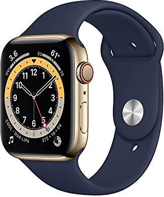 Apple Watch Series 6 (GPS + Cellular, 44mm) Gold Stainless Steel Case with Deep Navy Sport Band (Ricondizionato)