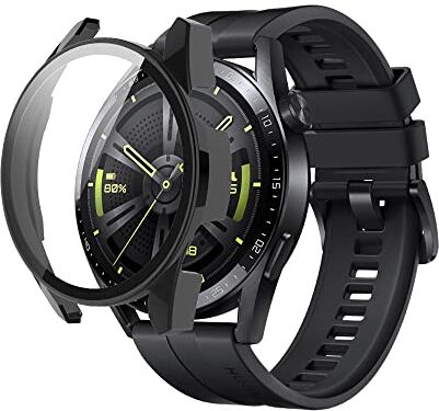 SeNool Custodia Compatibile con Huawei Watch GT 3 46mm, PC Cover Rigida con Vetro Temperato Protezione di Schermo, [Durezza 9H] Case Compatibile con Huawei Watch GT3 46mm Nero