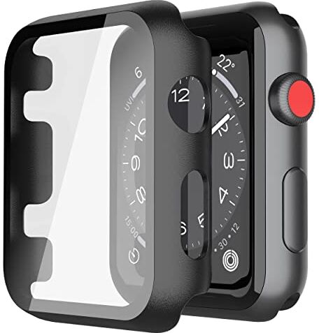 Misxi [2 Pezzi] Nero Cover Apple Watch Series 3 Serie 2 Con Vetro Temperato 38mm, Custodia Rigida iWatch Protezione Totale Ultra Sottile HD Clear Pellicola Protettiva