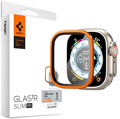 Spigen Glas.tR Slim Pro Vetro Temperato compatibile con Apple Watch Ultra 2, Apple Watch Ultra, 49mm, Arancia, con Cornice Colorata, Cristallino, Durezza 9H Pellicola prottetiva