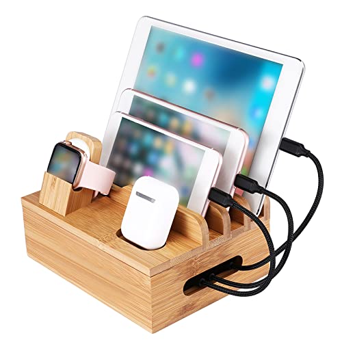 Jenngaoo Stazione di Ricarica in Legno, Organizzatore di Docking Station da Tavolo in Legno Organizer di Ricarica per Dispositivi Multipli Cellulari Tablet Auricolari Auricolari (Solo Stazione)