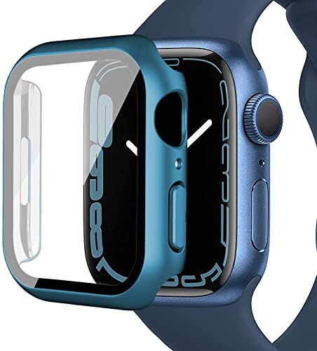 Miimall Custodia Compatibile con Apple Watch Serie 9/8/7 45mm, Case in PC Elettroplaccato, Protettore dello Schermo in Vetro Temperato, Case Antiurto per Apple Watch 45mm Serie 9/8/7, Blu