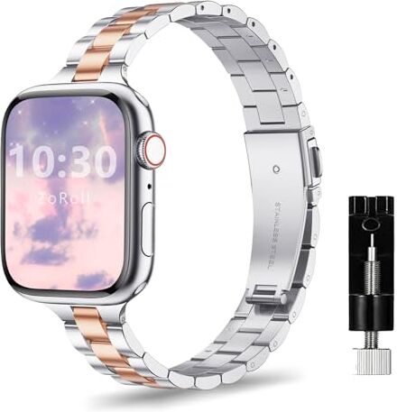 ZoRoll Cinturino Compatibile con Apple Watch 49mm/45mm/44mm/42mm Series 9/8/7/6, Metallo Regolabile con Cinturino in Acciaio Inossidabile Compatibile con iWatch SE/Series9/8/7/6/5/4 Sliver&Oro Rosa