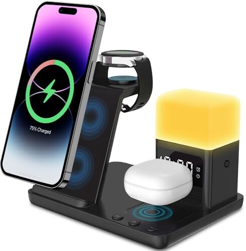 CestMall Stazione di ricarica wireless 6 in 1 con luce notturna colorata a LED e sveglia digitale, ricarica rapida da 15 W compatibile per telefono cellulare, smartwatch e auricolare Bluetooth