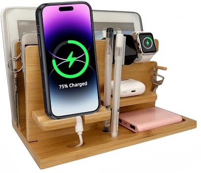 ICasse Stazioni docking da tavolo di bambù Supporto per telefono tablet Chiavi Anello Portafoglio Organizzatore da tavolo da comodino in legno per Apple Watch Auricolari Telefono