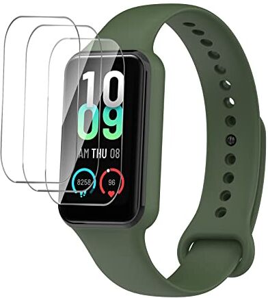 GIOPUEY Cinturini per Amazfit Band 7, Morbido silicone Cinturino + 3 Pezzi Pellicola Protettiva, [Resistente All'usura] [Traspirante] army green