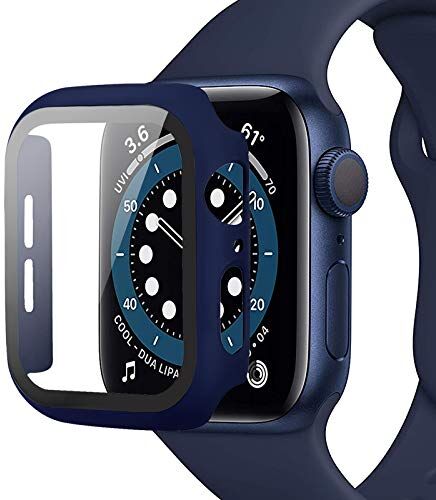 Miimall Custodia Protezione Compatibile Con Apple Watch Series 6/SE/Serie 5/Series 4 44mm [Protezione Totale] Pellicola Protettiva In Vetro Temperato+PC Bumper Per iWatch Series 6/5/4/SE 44mm Blu