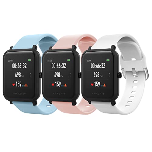 MoKo 3 Pezzi Cinturino Compatibile con Amazfit GTS/GTS 2/2 Mini/2e/GTS 3/4 Mini/Bip 3/3 PRO/Bip/Bip Lite/Bip S/U/GTR 42mm, 20mm Braccialetto Sportivo di Ricambio in Silicone, Azzurro & Rosa & Bianco