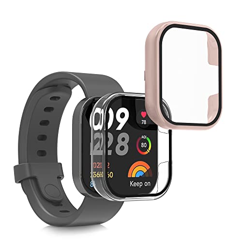 kwmobile 2x Custodia Rigida Smartwatch Compatibile con Xiaomi Redmi Mi Watch Lite 3 / Redmi Watch 3 Cover Case Vetro Temperato Orologio Fitness trasparente/rosa antico