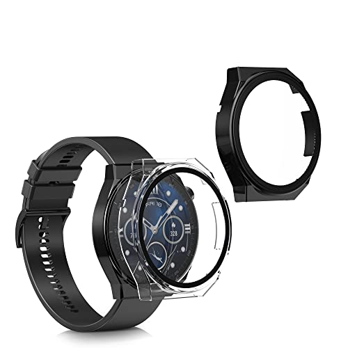 kwmobile 2X Custodia Rigida Smartwatch Compatibile con Huawei Watch GT3 PRO (46mm) Cover Case Vetro Temperato Orologio Fitness Nero/Trasparente
