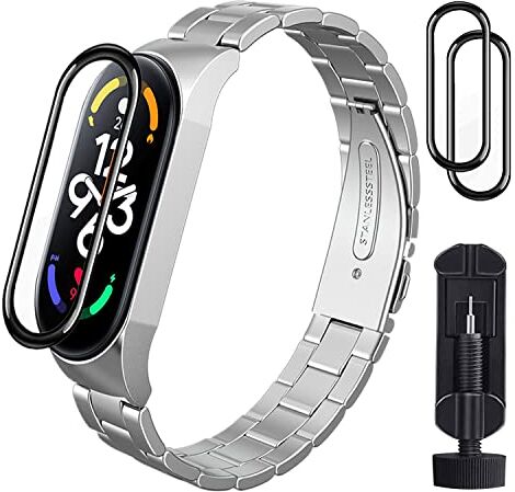 ASDONAL Cinturino Acciaio Inossidabile Compatibile con Xiaomi Mi Band 7 e Xiaomi Mi Band 7 NFC, Cinturini Metallo di Ricambio e 2 Pellicola per Mi Band 7 e Mi Band 7 NFC Bracciale (Argento)