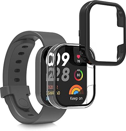 kwmobile 2X Custodia Rigida Smartwatch Compatibile con Xiaomi Redmi Mi Watch Lite 3 / Redmi Watch 3 Cover Case Vetro Temperato Orologio Fitness Trasparente/Nero