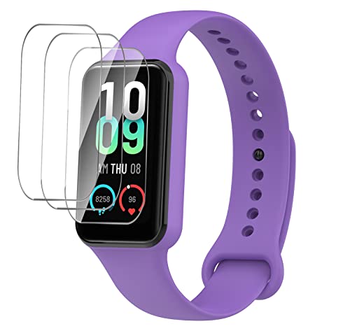 GIOPUEY Cinturini per Amazfit Band 7, Morbido silicone Cinturino + 3 Pezzi Pellicola Protettiva, [Resistente All'usura] [Traspirante] purple