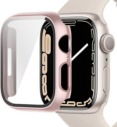 Miimall Compatibile con Apple Watch Series 87 45 mm 41 mm Custodia con pellicola protettiva in vetro, ultra sottile in policarbonato, protezione totale antigraffio, pellicola protettiva per iWatch