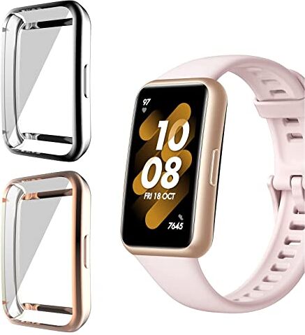 ToVioc Cover Compatibile con Huawei Band 7 Custodia Full Protezione, [2 Pezzi] [Anti-Graffio] Shell con Pellicola Protettiva per Honor Band 7 Oro Rosa & Argento