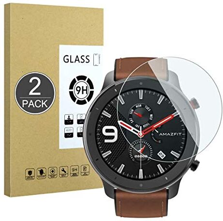 E-Hamii [2-Pack Compatibile con Huami Amazfit GTR 47mm Vetro Temperato,2.5D Doppia Difesa[Resistente ai Graffi,Alta Definizione,Senza Bolle] 9H Pellicola Proteggi Schermo per Huami Amazfit GTR 47mm