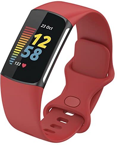 FunBand Cinturino Compatibile con Fitbit Charge 5, Cinturini Sportivo di Ricambio in Silicone Morbido Regolabile Accessori Cinturino per Fitbit Charge 5 Activity Tracker per Donne Uomini, Rosso