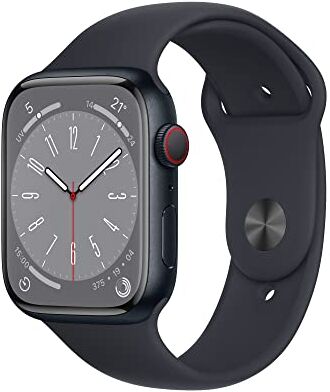 Apple Watch Series 8 (GPS + Cellular, 45mm) Smartwatch con cassa in alluminio color mezzanotte con Cinturino Sport color mezzanotte Regular. Fitness tracker, app Livelli O₂, resistente all’acqua