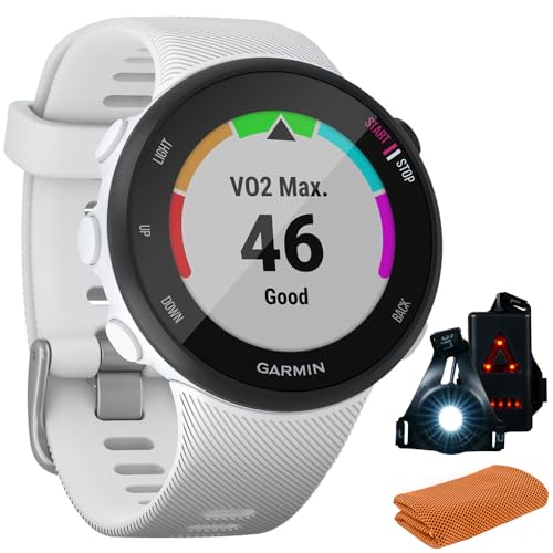 Garmin Orologio da corsa Forerunner 45S GPS 010-02156-00 da 39 mm, bianco Bundle con asciugamano sportivo rinfrescante per allenamento e luce di sicurezza Deco Essentials indossabile per pendolari