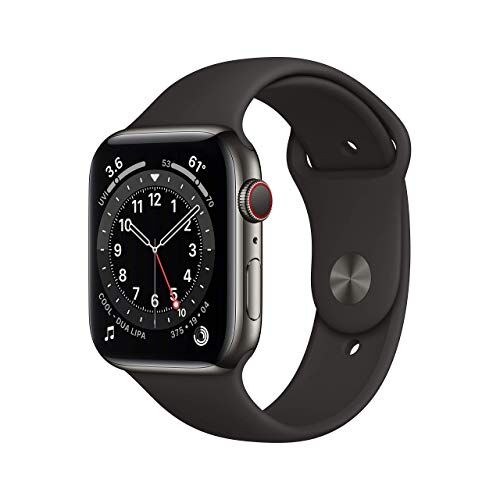 Apple Watch Series 6 GPS + Cellular, 44mm Graphite Stainless Steel Case with Black Sport Band Regular (Renewed)