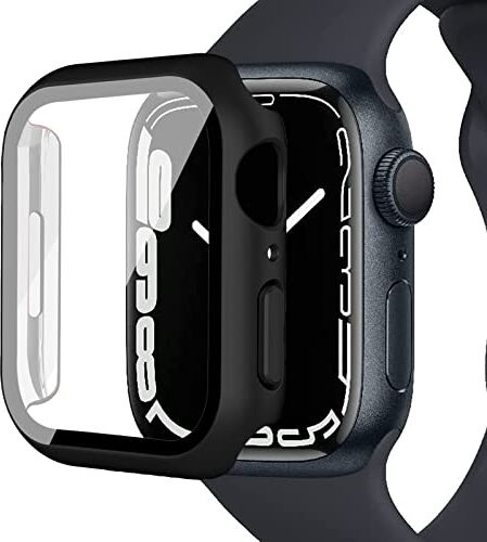 Miimall Custodia Compatibile con Apple Watch Serie 9/8/7 45mm, Case in PC Elettroplaccato, Protettore Dello Schermo in Vetro Temperato, Case Antiurto per Apple Watch 45mm Serie 9/8/7, Nero