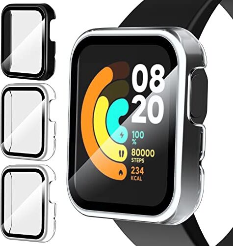 iVoler 3 Pezzi Cover con Vetro Temperato per Xiaomi Mi Watch Lite, Copertura Completa Custodia Rigida PC, HD Clear Pellicola Protettiva Anti-Graffio Case, 2 Trasparente + 1 Nero