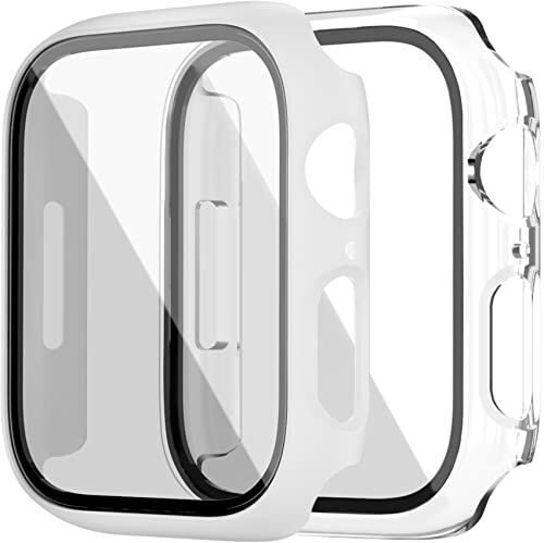 Dilhvy 2 Pezzi Cover Apple Watch Series 7 45mm con Vetro Temperato, Custodia Rigida PC Protezione Totale Ultra Sottile Schermo HD Pellicola Protettiva per iWatch 7 (45mm, Transparente + Bianco)