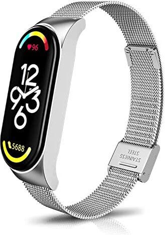 KoGiio Cinturino Compatible con Xiaomi Smart Band 7/Xiaomi Mi Band 7, Chiusura Rete Metallo Regolabile Watch Band Cinturino, Uomini Donne Acciaio Inossidabile Ricambio d'Argento