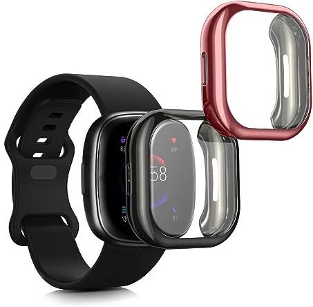 kwmobile Set 2X Custodia Smartwatch Compatibile con Fitbit Versa 4 / Sense 2 Cover Case Silicone Protezione Orologio Fitness Nero/Fucsia