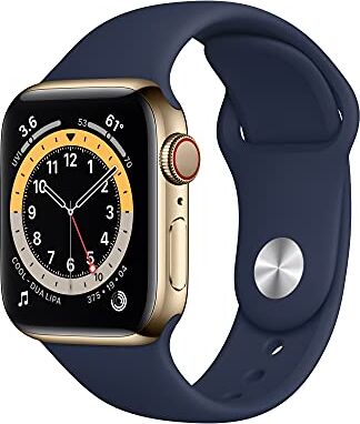 Apple Watch Serie 6 (GPS + Cellular, 40mm) Cassa in Acciaio Inossidabile Oro con Cinturino Sportivo Blu Scuro (Ricondizionato)