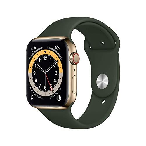 Apple Watch Series 6 GPS + Cellular, 44mm Gold Stainless Steel Case with Cyprus Green Sport Band Regular (Renewed)
