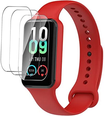 GIOPUEY Cinturini per Amazfit Band 7, Morbido Silicone Cinturino + 3 Pezzi Pellicola Protettiva, [Resistente all'Usura] [Traspirante] Red