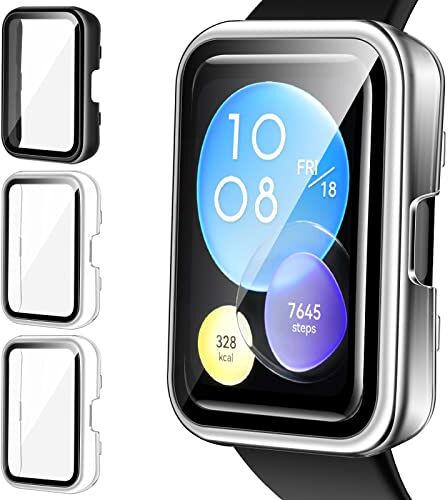 iVoler 3 Pezzi Cover con Vetro Temperato per Huawei Watch Fit 2, Copertura Completa Custodia Rigida PC Anti-Graffio Pellicola Protettiva Case, 2 Trasparente + 1 Nero