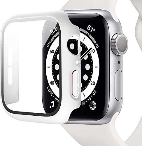 Miimall Cover per Apple Watch 6/SE/5/4 44mm Custodia Rigida+Vetro Temperato Protezione Totale AntiGraffio Sensibile PC Custodia Protettiva per iWatch 44mm-Bianco