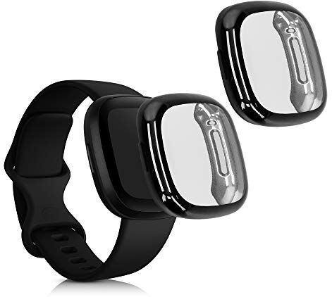 kwmobile Set 2X Custodia Smartwatch Compatibile con Fitbit Versa 3 / Sense Cover Case Silicone Protezione Orologio Fitness Nero/Trasparente