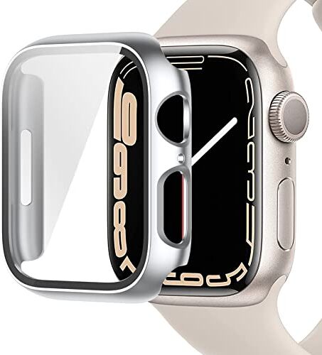 Miimall Compatibile con Apple Watch Series 9/8/7 45 mm 41 mm Custodia con pellicola protettiva in vetro, ultra sottile in policarbonato, protezione totale antigraffio, pellicola protettiva per iWatch