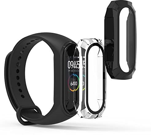 kwmobile 2X Custodia Rigida Smartwatch Compatibile con Xiaomi Mi Band 4 / Band 5 / Band 6 Cover Case Vetro Temperato Orologio Fitness Nero/Trasparente