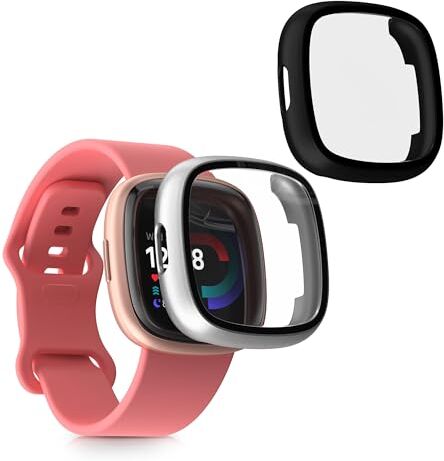 kwmobile 2x Custodia Rigida Smartwatch Compatibile con Fitbit Versa 4 / Sense 2 Cover Case Vetro Temperato Orologio Fitness nero/argento