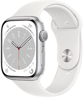 Apple Watch Series 8 (GPS, 45MM) Cassa in Alluminio Argento con Cinturino Sport Bianco, Regular (Ricondizionato)