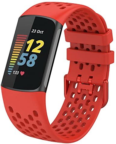 FunBand Cinturino Compatibile con Fitbit Charge 5, Cinturini Sportivo di Ricambio in Silicone Morbido Regolabile Traspirante Accessori Cinturino per Fitbit Charge 5 Activity Tracker, Rosso