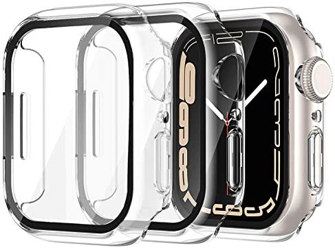 Miimall 2 custodie per Apple Watch Series 7, 45 mm, 41 mm, pellicola protettiva in vetro temperato, ultra sottile, protezione completa antigraffio in PC, pellicola per iWatch 45 mm, clear