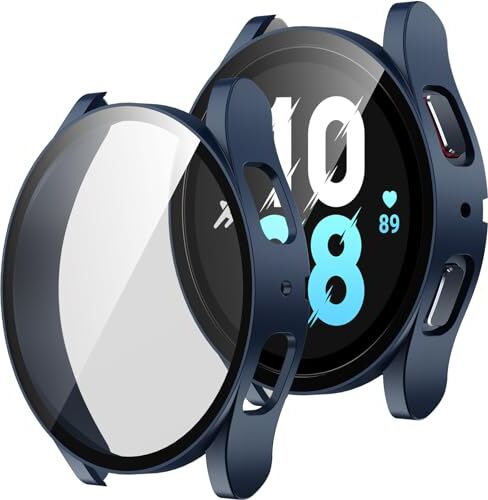 ZZDZZ [2 Pezzi] Cover Compatibile con Samsung Galaxy Watch 5/Galaxy Watch 4 44mm con Vetro Temperato, Custodia Sottile Rigida HD Clear Pellicola Protettiva per Galaxy Watch (Blu/Trasparente)