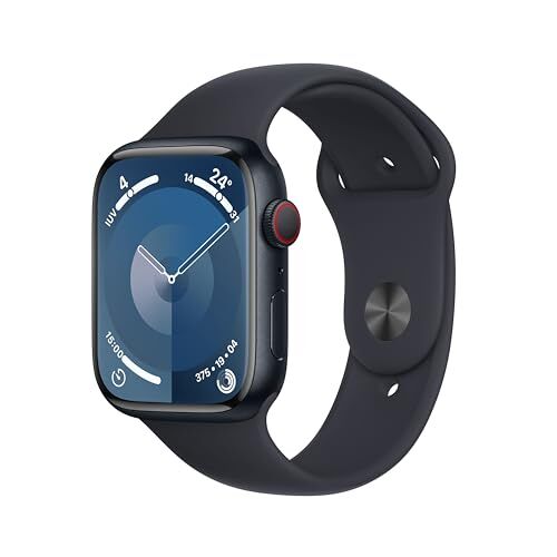Apple Watch Series 9 GPS + Cellular 45mm Smartwatch con cassa in alluminio color mezzanotte e Cinturino Sport mezzanotte S/M. Fitness tracker, app Livelli O₂, display Retina always-on