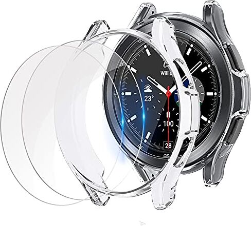 Miimall Custodia per Samsung Galaxy Watch 4 Classic da 42 mm e 46 mm con pellicola protettiva in vetro temperato, telaio protettivo in morbido TPU, antiurto, custodia protettiva per Galaxy Watch 4