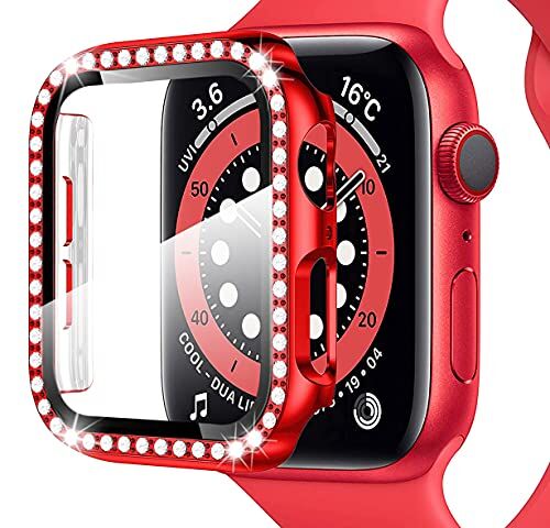 Miimall Custodia protettiva per Apple Watch Series 6/SE/5/4, 44 mm, con pellicola protettiva in vetro temperato, strass e glitter in policarbonato, antigraffio, per iWatch serie 5/4, colore: Rosso