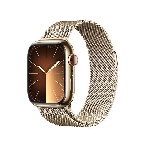 Apple Watch Series 9 GPS + Cellular 41mm Smartwatch con cassa in acciaio inossidabile color oro e Loop in maglia milanese color oro. Fitness tracker, app Livelli O₂, display Retina always-on