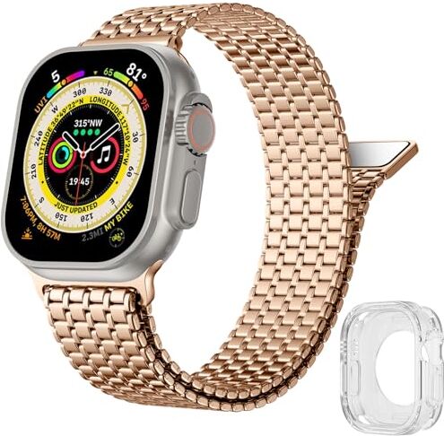 Upeak Cinturino in Acciaio Inossidabile Compatibile con Cinturino Apple Watch Ultra 49mm, Forte Bracciale Magnetico in Metallo con Custodia per iWatch Ultra 2 & Ultra, Oro Rosa