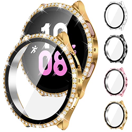 Doeshine [4 Pack] Samsung Galaxy Watch 5/ Watch 4 Cover, 44MM, Pellicola Protettiva, Bling Vetro Temperato Case, Duro PC Protettivo Completa Antiurto Custodia, HD Clear (Trasparente+Nero+Rosa+Oro)